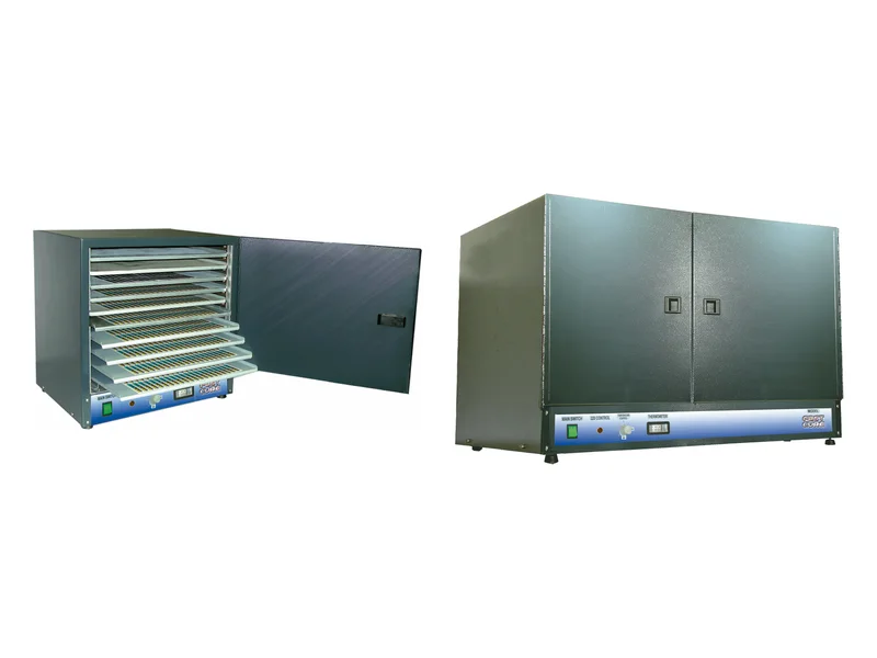 Poly Drop Fast Cure Ovens: open rack oven and large two-door oven